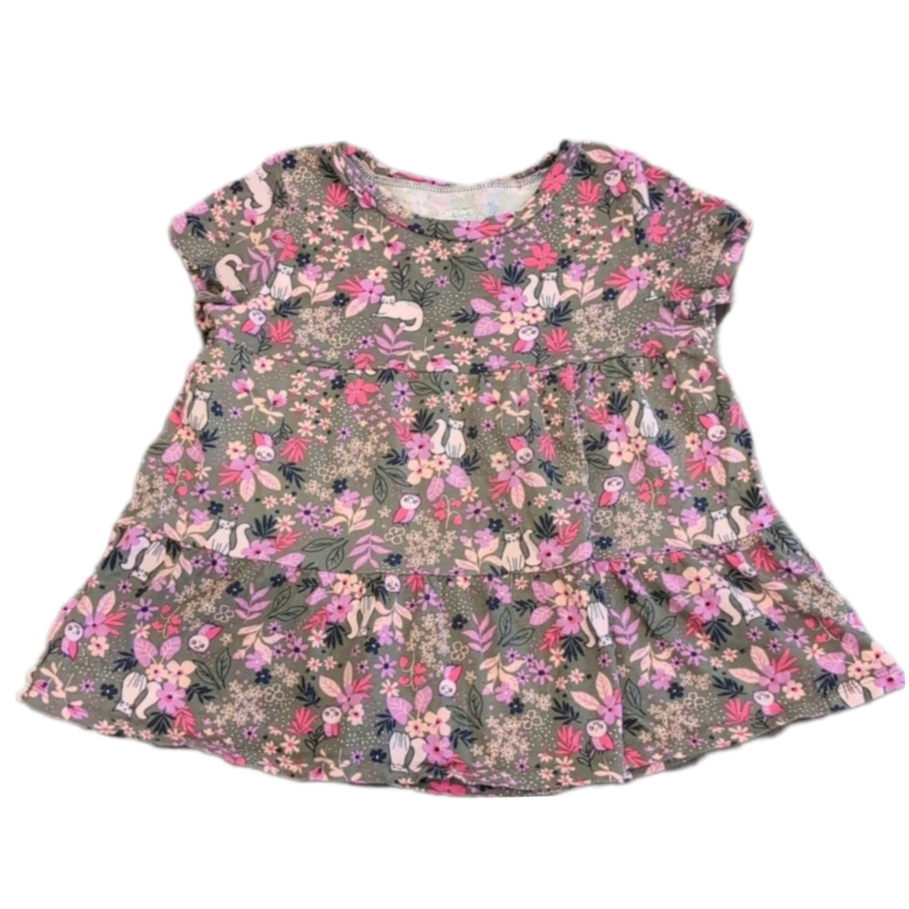 Carters Garden Floral Top Short Sleeve Flare Cat Owl Forest Green Girls Size 7